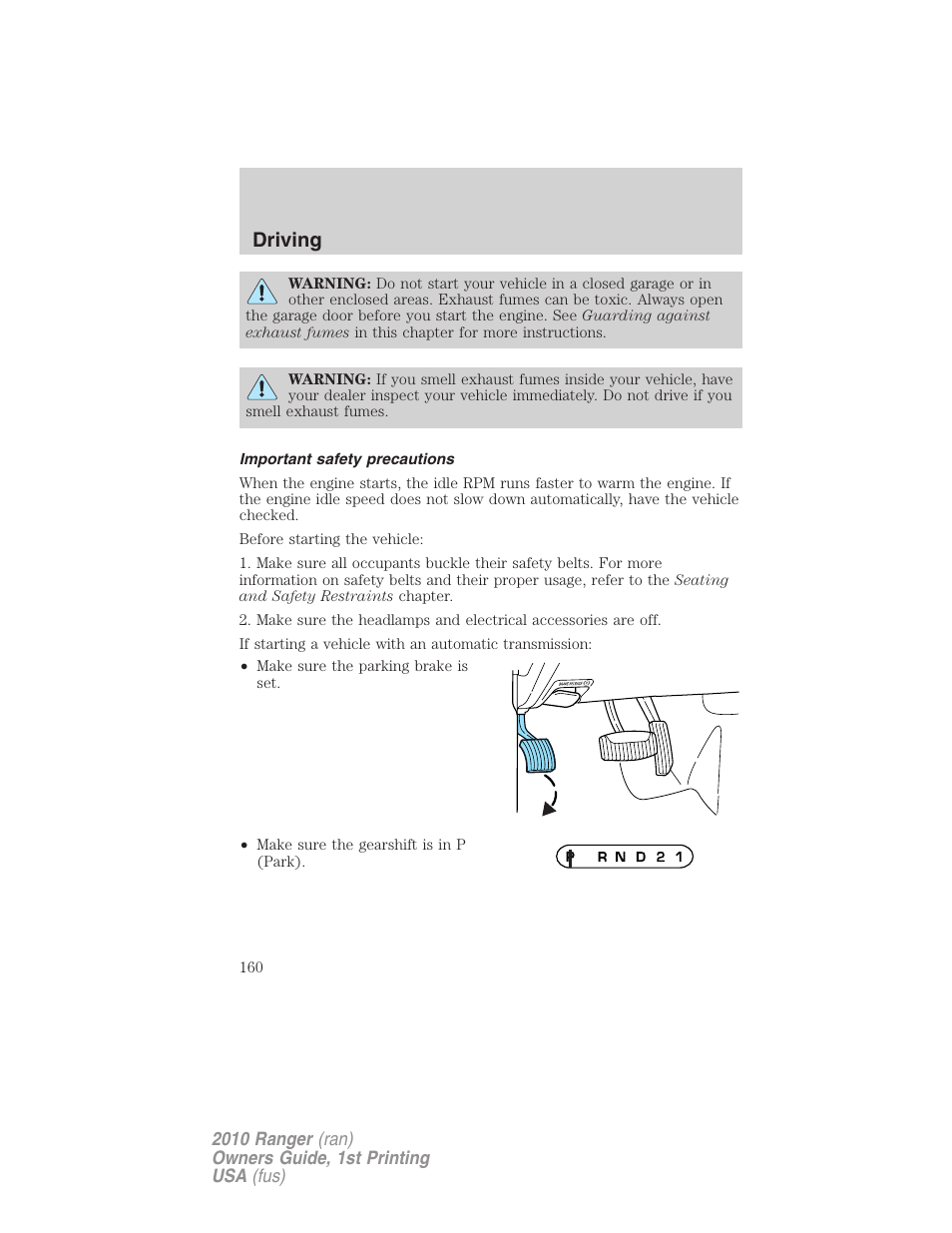 Important safety precautions, Driving | FORD 2010 Ranger v.1 User Manual | Page 160 / 286