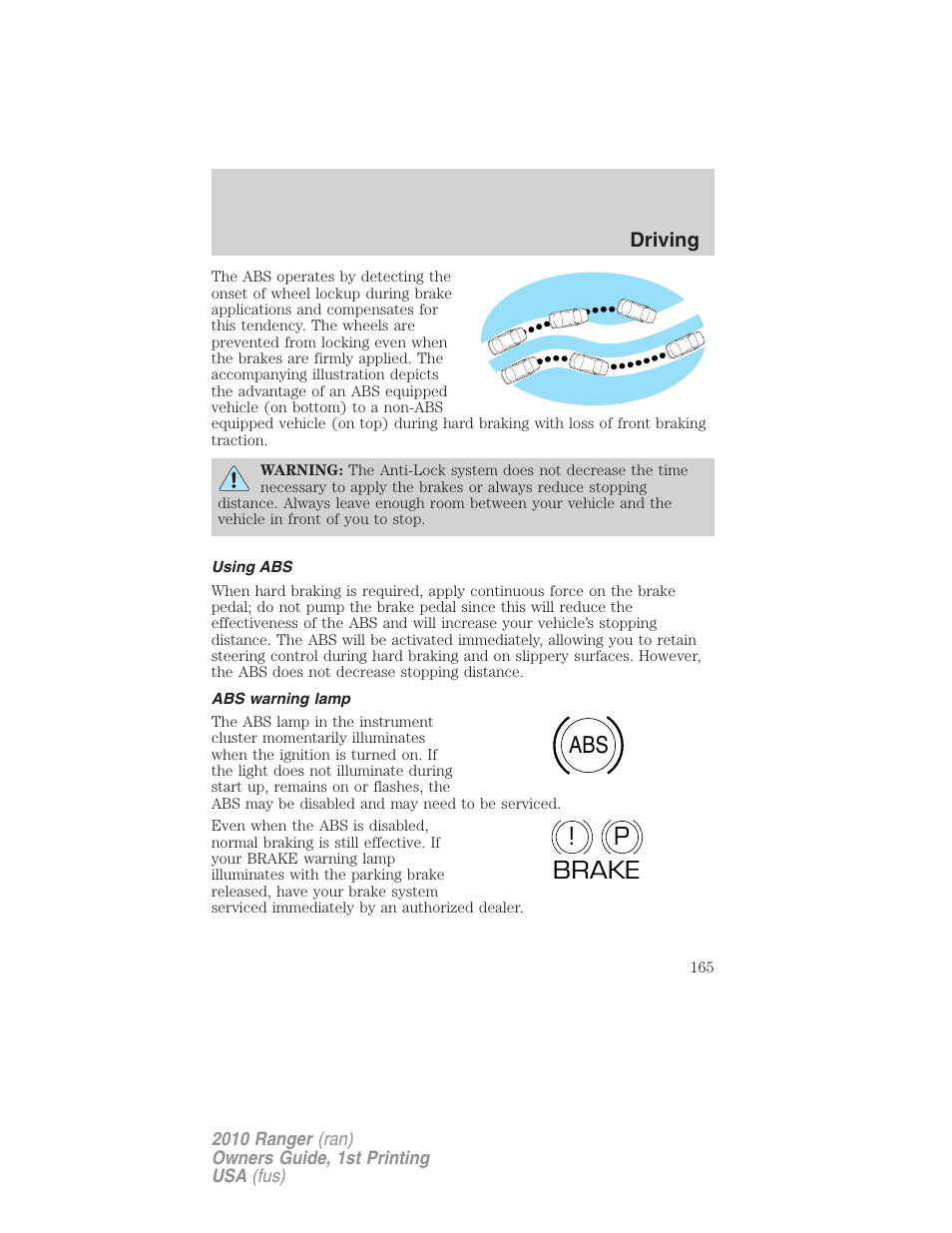 Using abs, Abs warning lamp, Abs p ! brake | FORD 2010 Ranger v.1 User Manual | Page 165 / 286