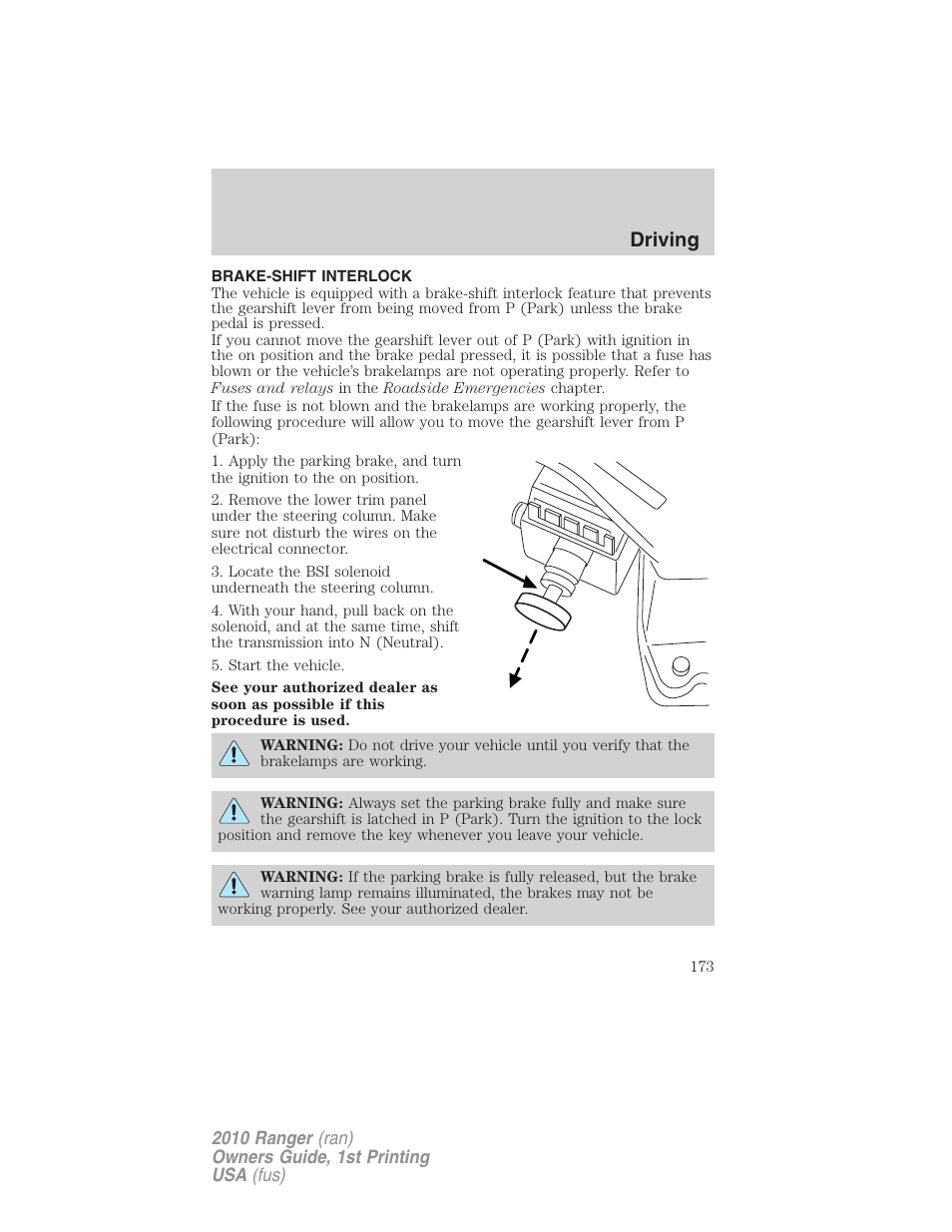 Brake-shift interlock, Driving | FORD 2010 Ranger v.1 User Manual | Page 173 / 286