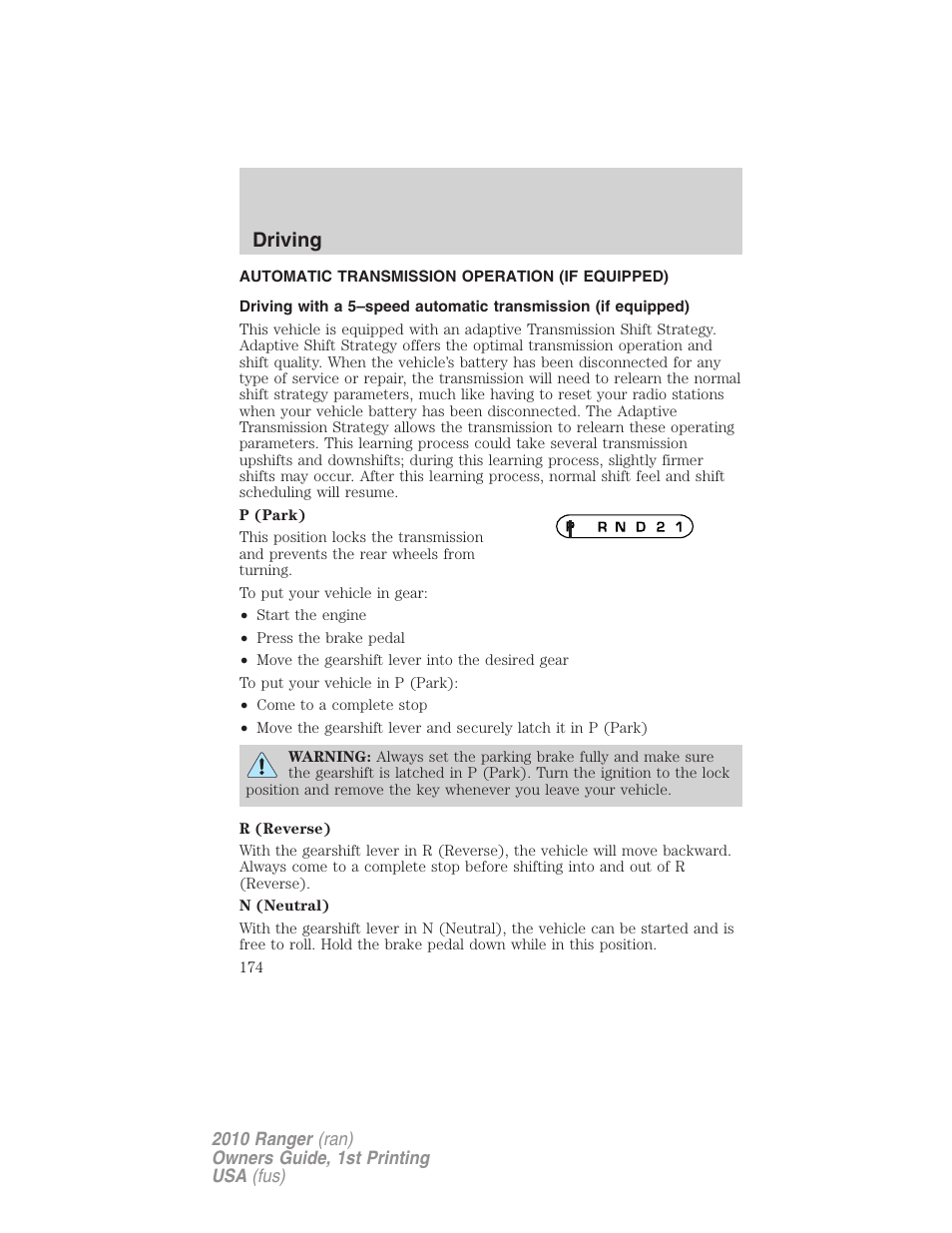 Automatic transmission operation (if equipped), Transmission operation, Driving | FORD 2010 Ranger v.1 User Manual | Page 174 / 286