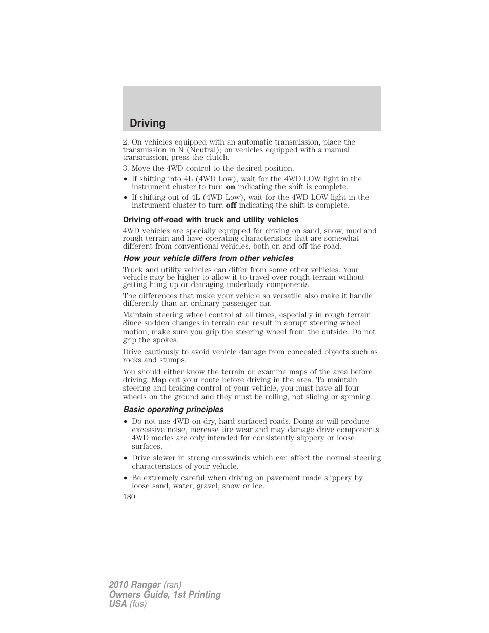 Driving off-road with truck and utility vehicles, How your vehicle differs from other vehicles, Basic operating principles | Driving | FORD 2010 Ranger v.1 User Manual | Page 180 / 286