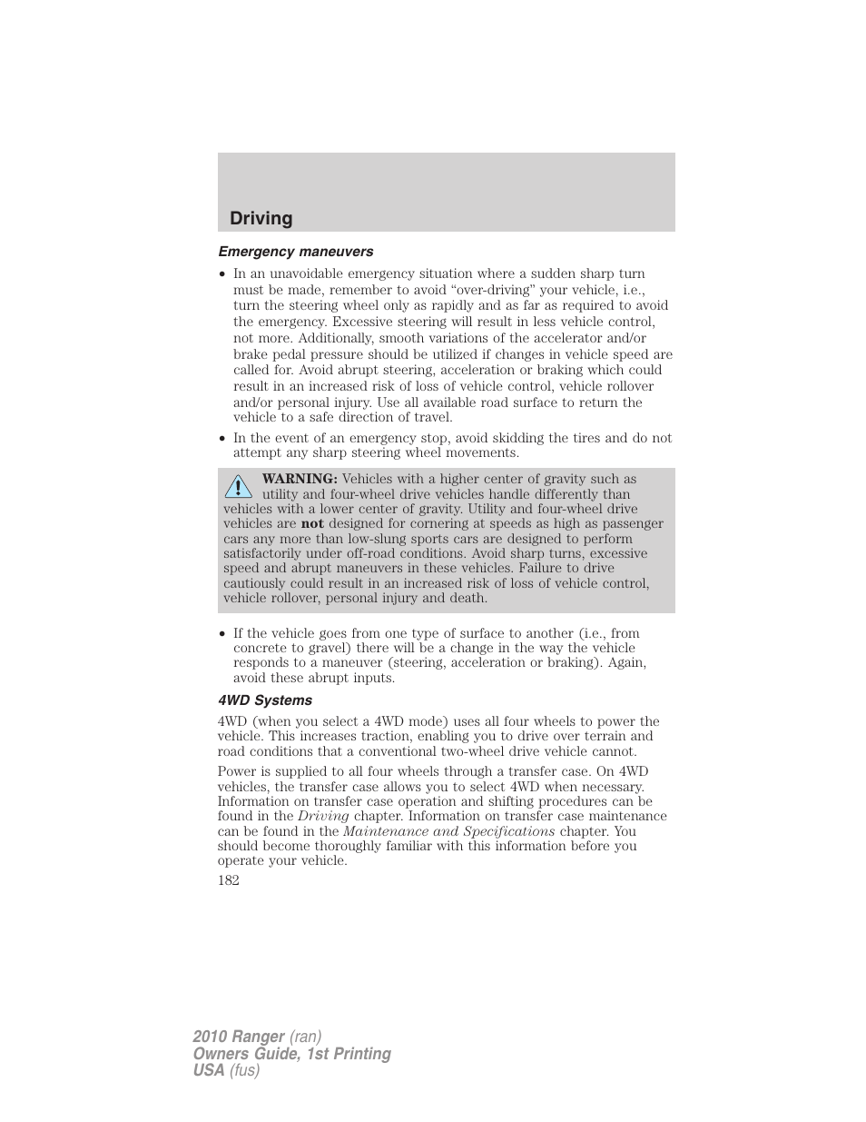 Emergency maneuvers, 4wd systems, Driving | FORD 2010 Ranger v.1 User Manual | Page 182 / 286