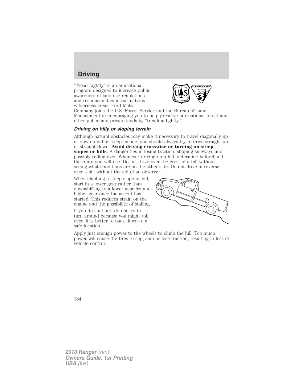 Driving on hilly or sloping terrain, Driving | FORD 2010 Ranger v.1 User Manual | Page 184 / 286