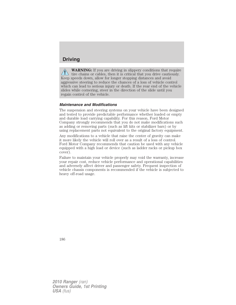 Maintenance and modifications, Driving | FORD 2010 Ranger v.1 User Manual | Page 186 / 286