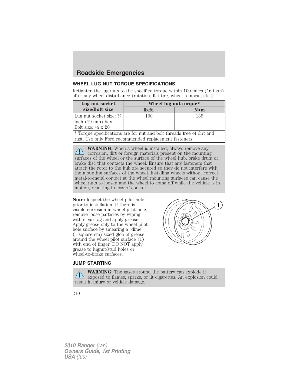 Wheel lug nut torque specifications, Jump starting, Wheel lug nut torque | Roadside emergencies | FORD 2010 Ranger v.1 User Manual | Page 210 / 286