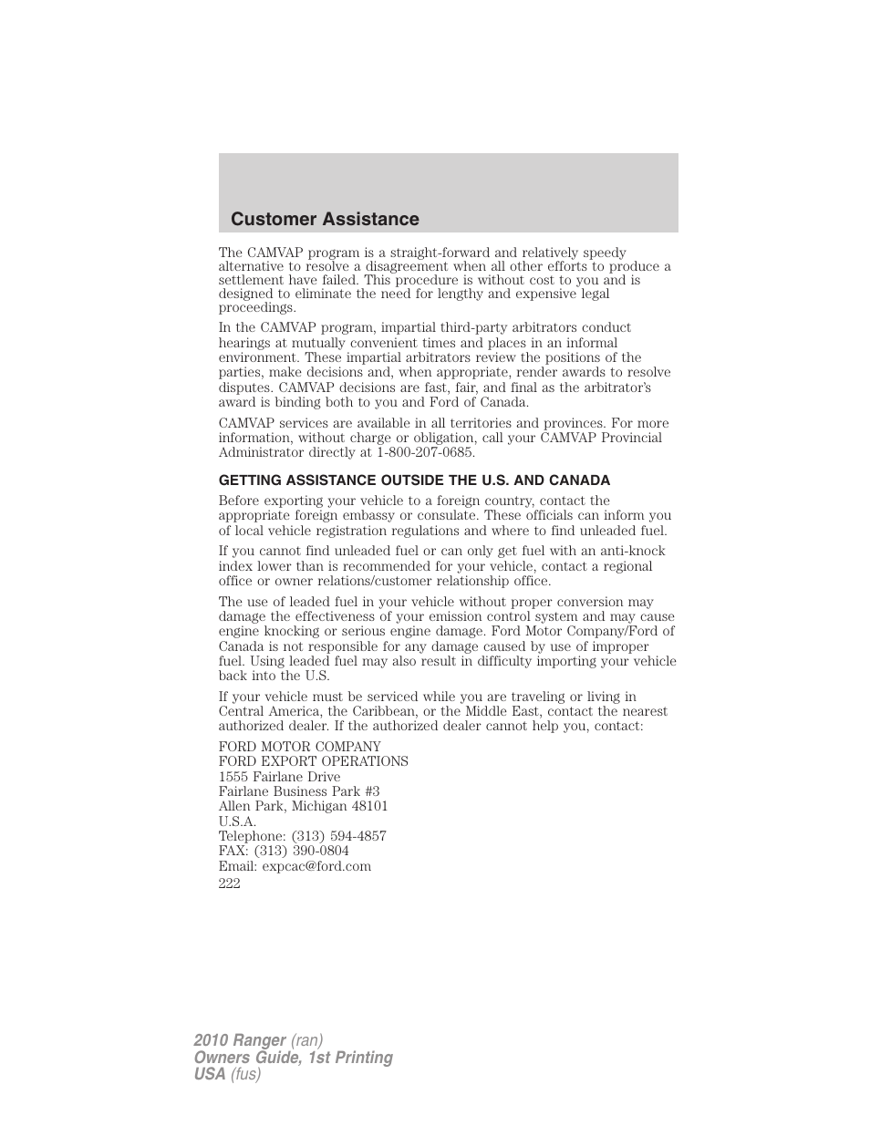 Getting assistance outside the u.s. and canada, Customer assistance | FORD 2010 Ranger v.1 User Manual | Page 222 / 286