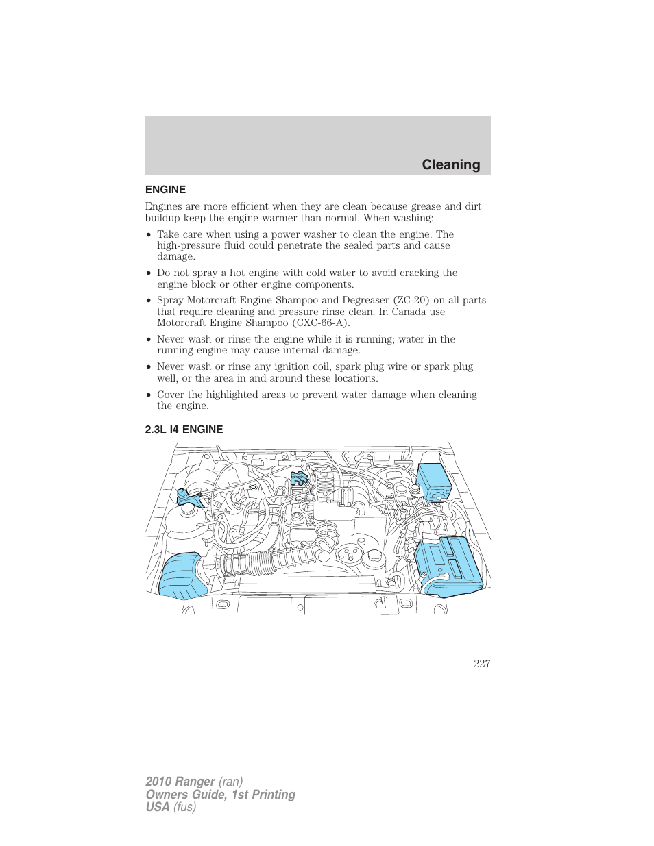 Engine, 3l i4 engine, Cleaning | FORD 2010 Ranger v.1 User Manual | Page 227 / 286