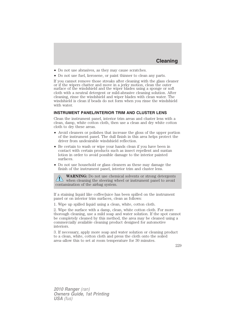 Instrument panel/interior trim and cluster lens, Cleaning | FORD 2010 Ranger v.1 User Manual | Page 229 / 286