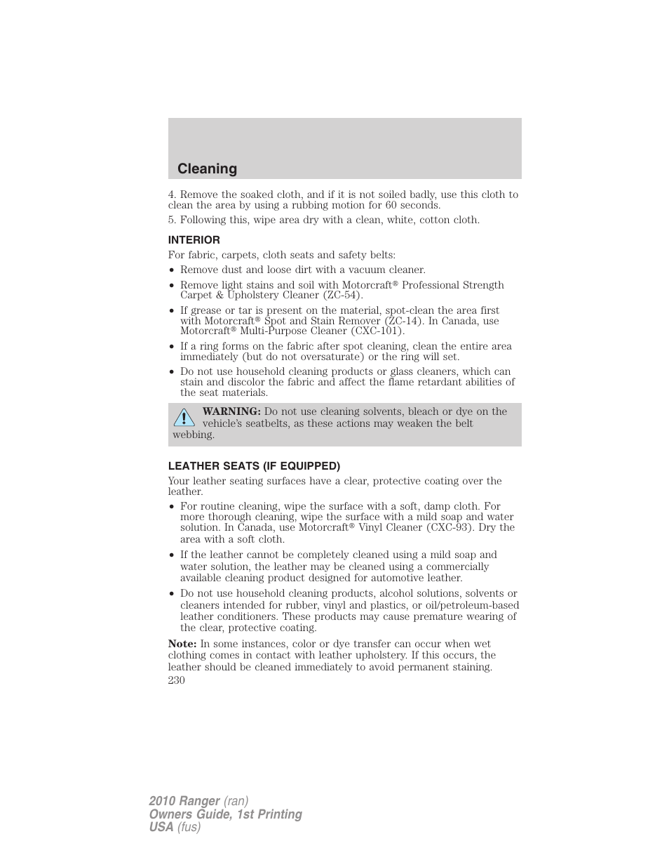 Interior, Leather seats (if equipped), Cleaning | FORD 2010 Ranger v.1 User Manual | Page 230 / 286