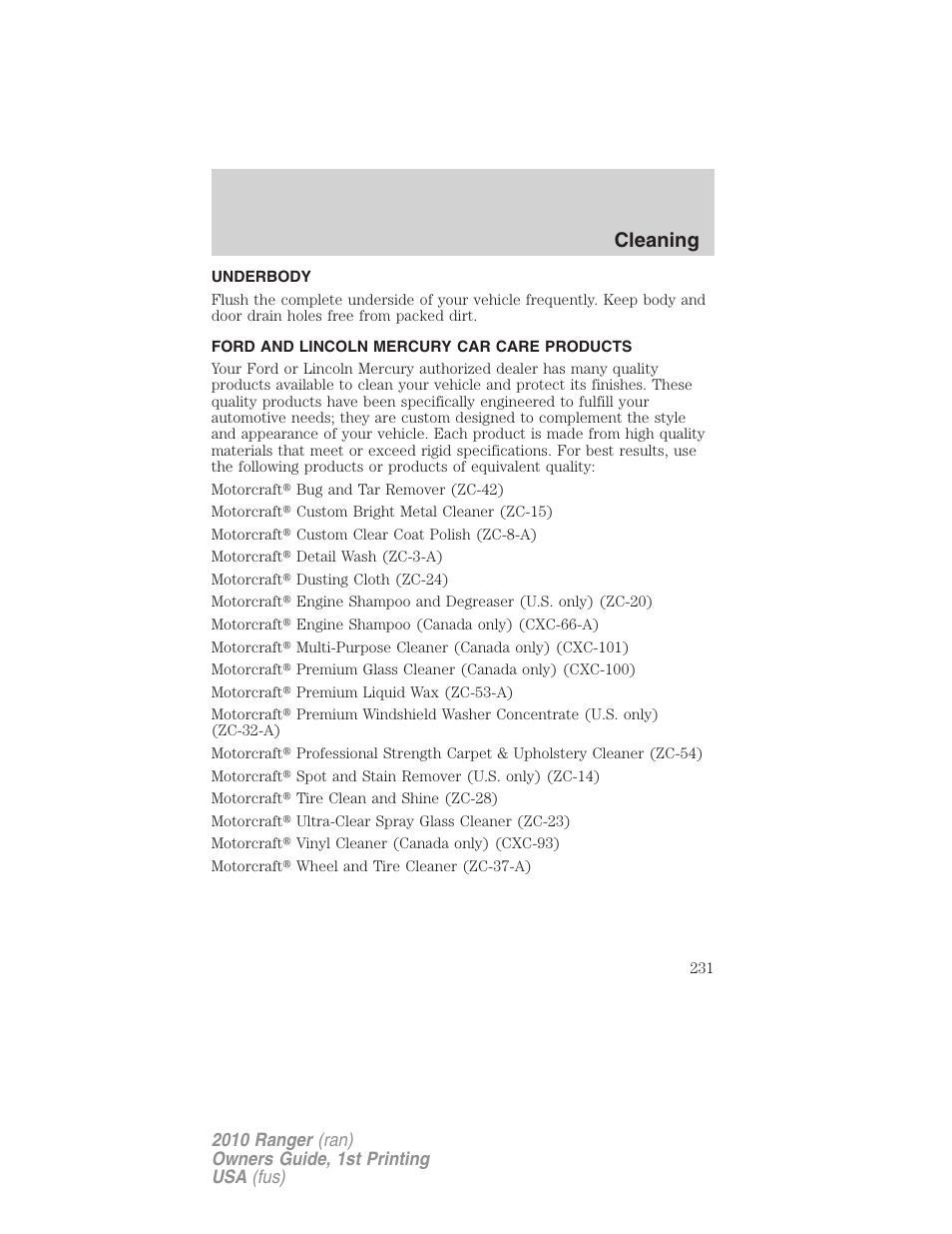 Underbody, Ford and lincoln mercury car care products, Cleaning | FORD 2010 Ranger v.1 User Manual | Page 231 / 286