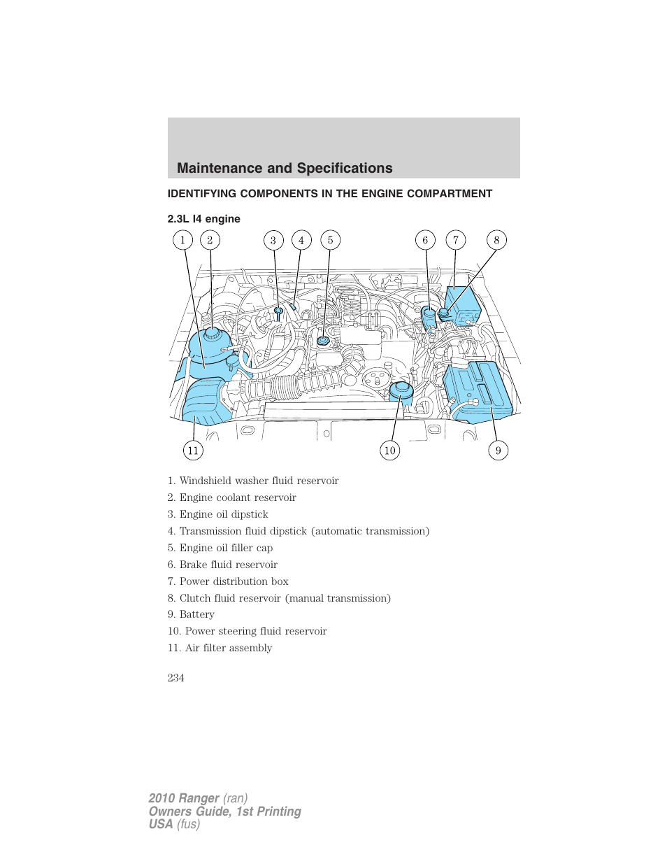 Identifying components in the engine compartment, 3l i4 engine, Engine compartment | Maintenance and specifications | FORD 2010 Ranger v.1 User Manual | Page 234 / 286