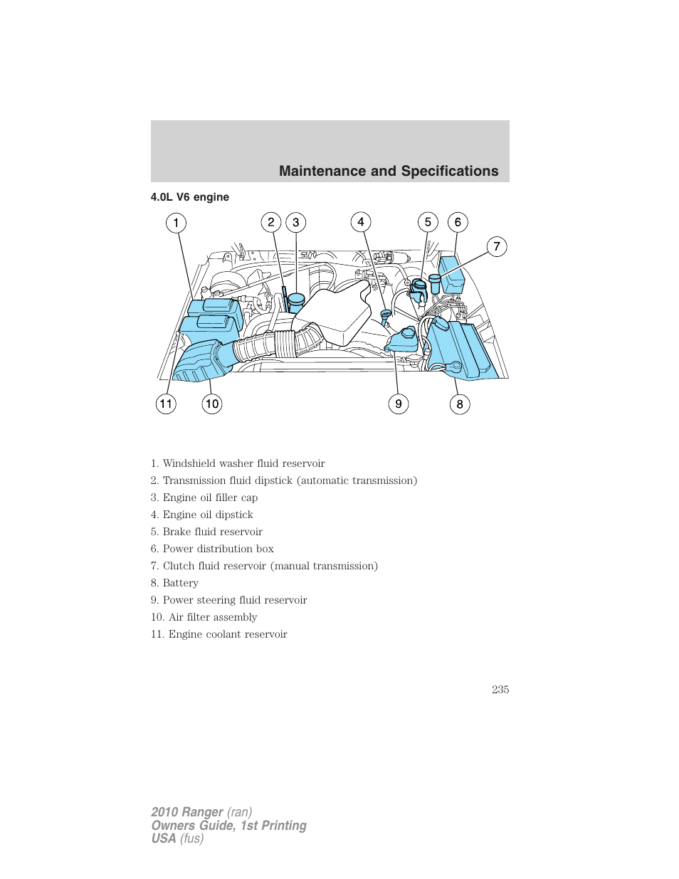 0l v6 engine, Maintenance and specifications | FORD 2010 Ranger v.1 User Manual | Page 235 / 286