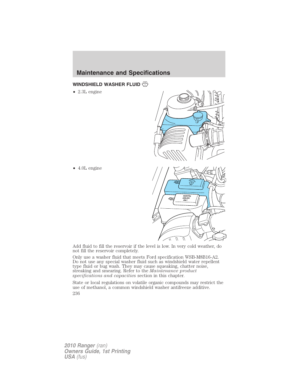 Windshield washer fluid, Maintenance and specifications | FORD 2010 Ranger v.1 User Manual | Page 236 / 286