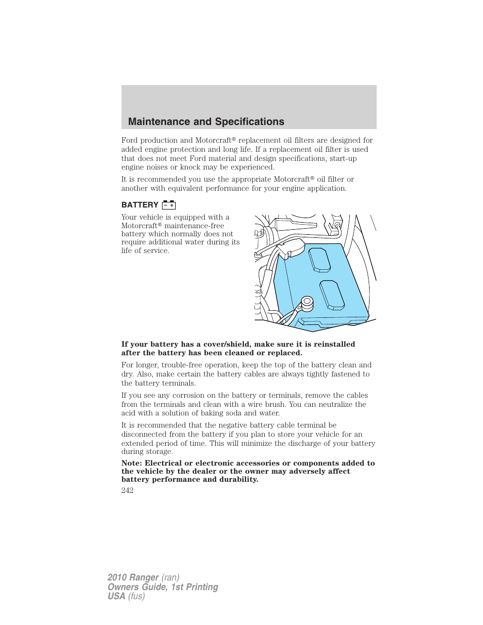 Battery, Maintenance and specifications | FORD 2010 Ranger v.1 User Manual | Page 242 / 286