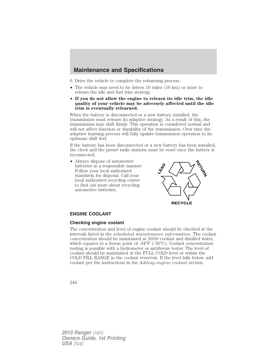 Engine coolant, Checking engine coolant, Maintenance and specifications | FORD 2010 Ranger v.1 User Manual | Page 244 / 286