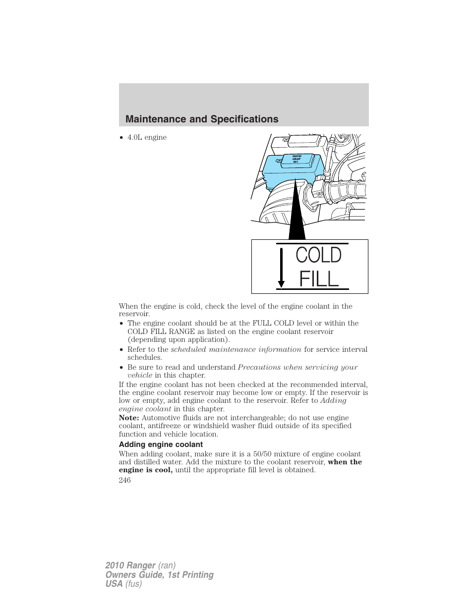 Adding engine coolant, Maintenance and specifications | FORD 2010 Ranger v.1 User Manual | Page 246 / 286