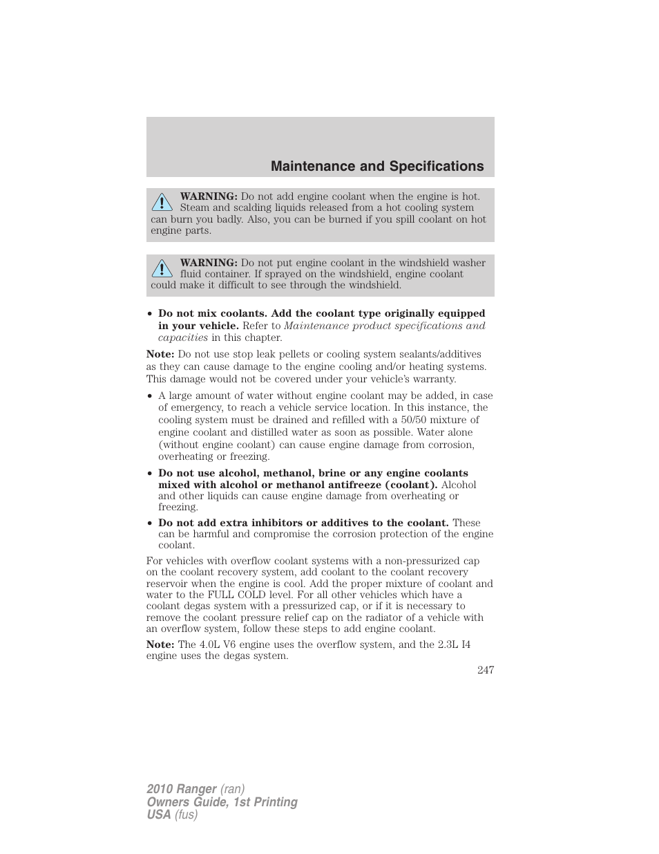 Maintenance and specifications | FORD 2010 Ranger v.1 User Manual | Page 247 / 286