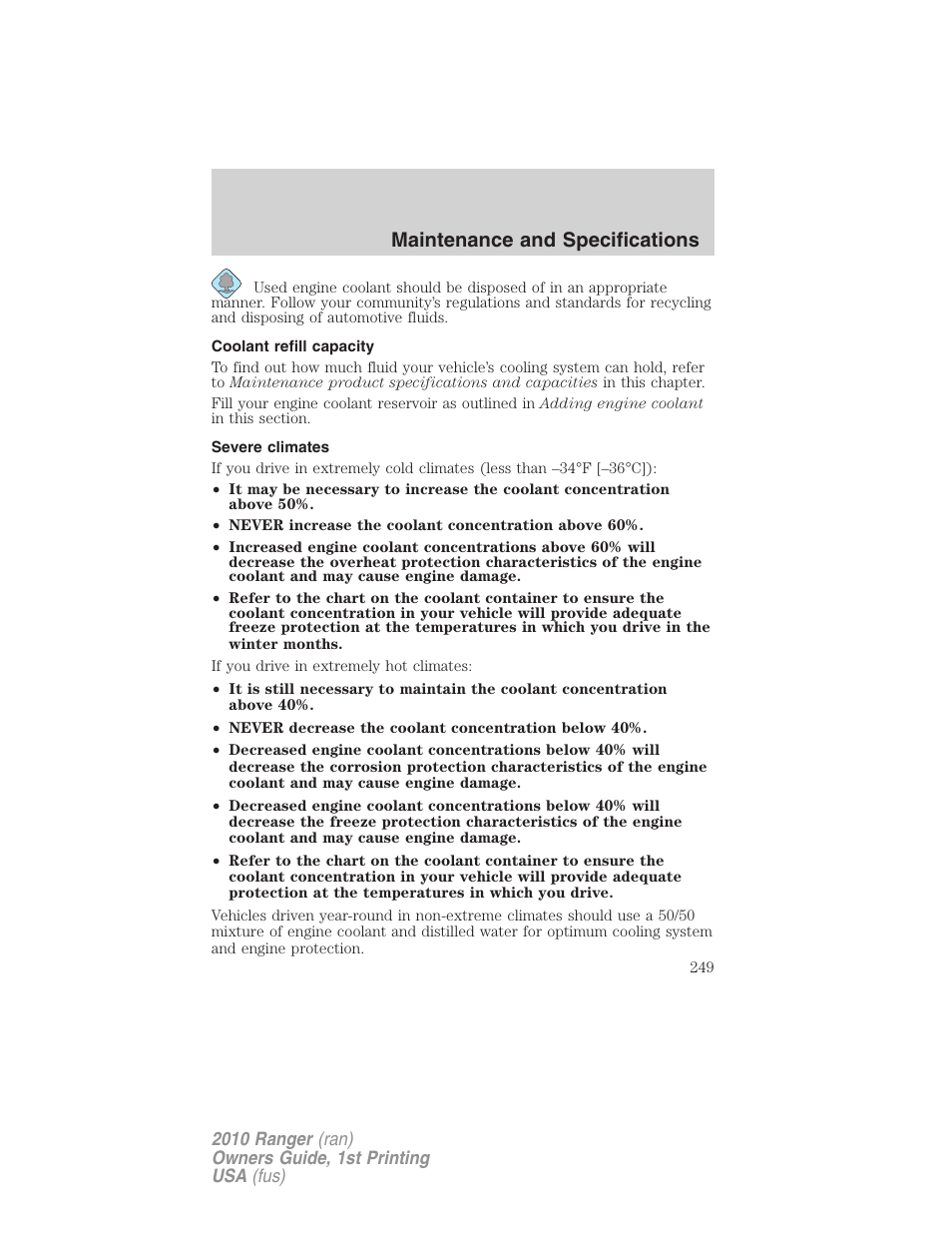 Coolant refill capacity, Severe climates, Maintenance and specifications | FORD 2010 Ranger v.1 User Manual | Page 249 / 286