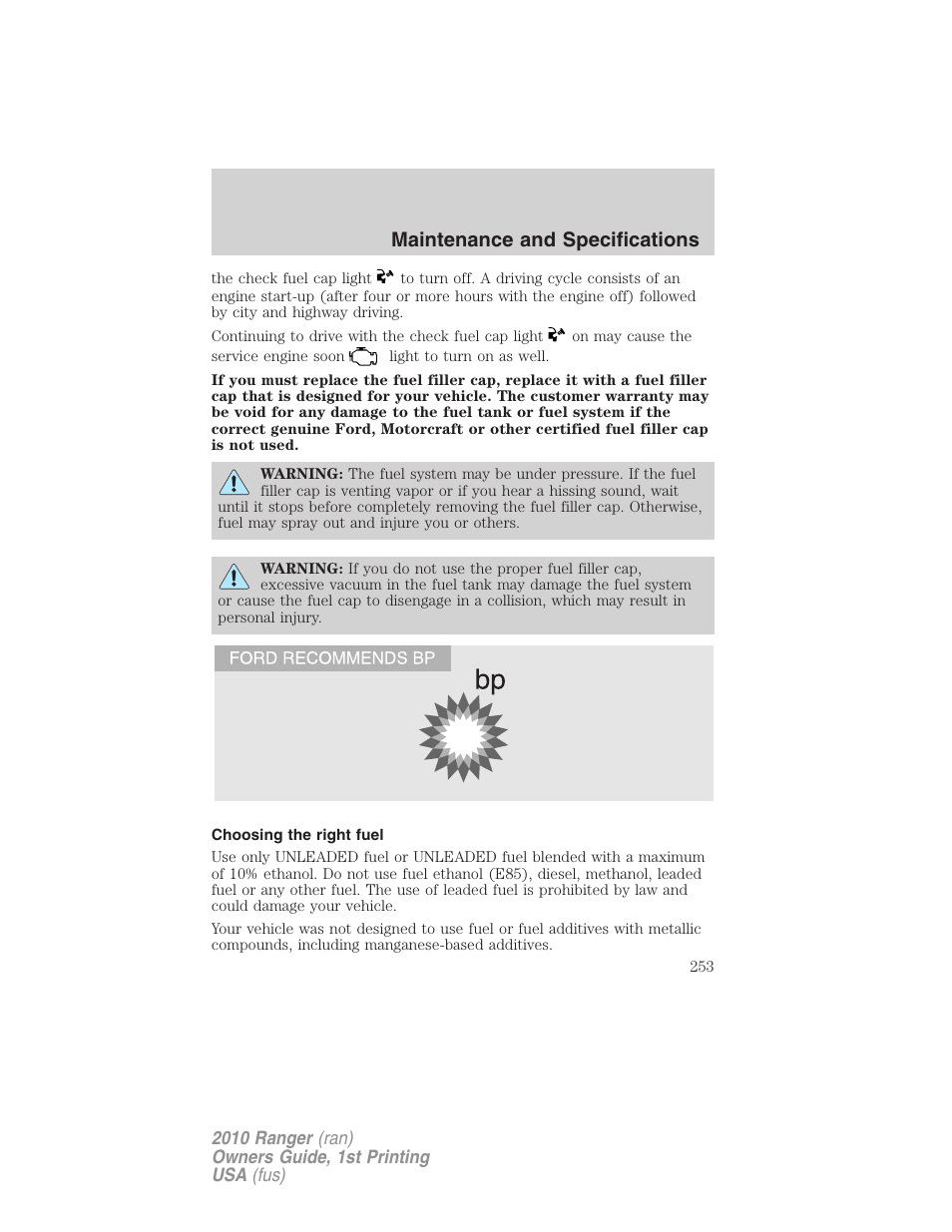 Choosing the right fuel, Maintenance and specifications | FORD 2010 Ranger v.1 User Manual | Page 253 / 286