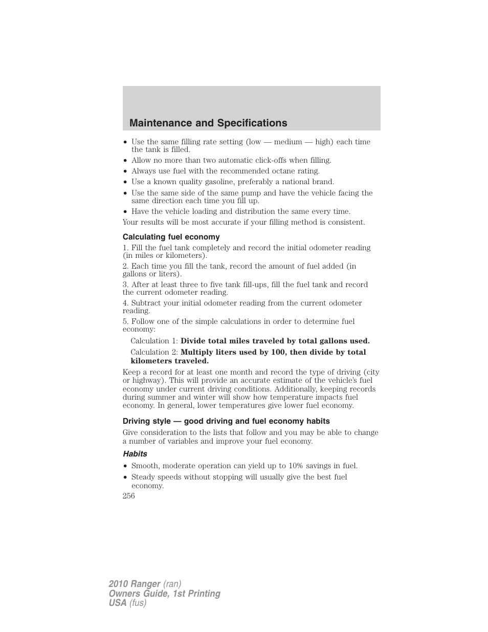 Calculating fuel economy, Habits, Maintenance and specifications | FORD 2010 Ranger v.1 User Manual | Page 256 / 286