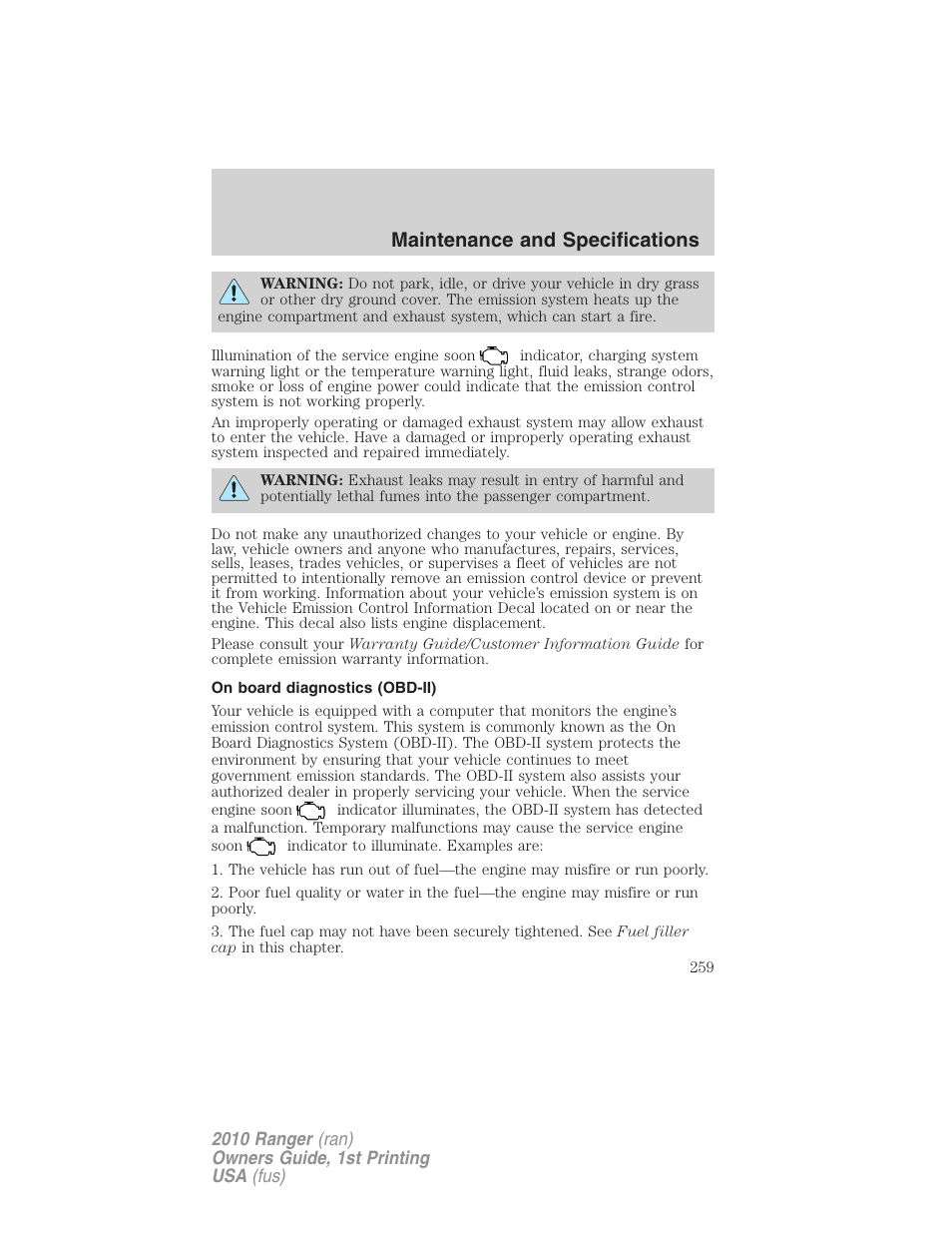 On board diagnostics (obd-ii), Maintenance and specifications | FORD 2010 Ranger v.1 User Manual | Page 259 / 286