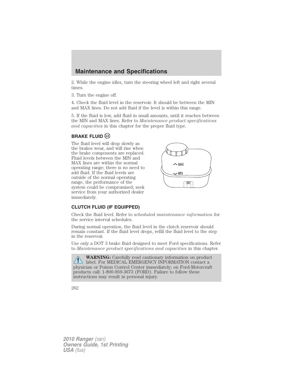 Brake fluid, Clutch fluid (if equipped), Maintenance and specifications | FORD 2010 Ranger v.1 User Manual | Page 262 / 286