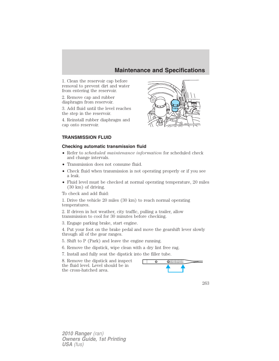 Transmission fluid, Checking automatic transmission fluid, Maintenance and specifications | FORD 2010 Ranger v.1 User Manual | Page 263 / 286