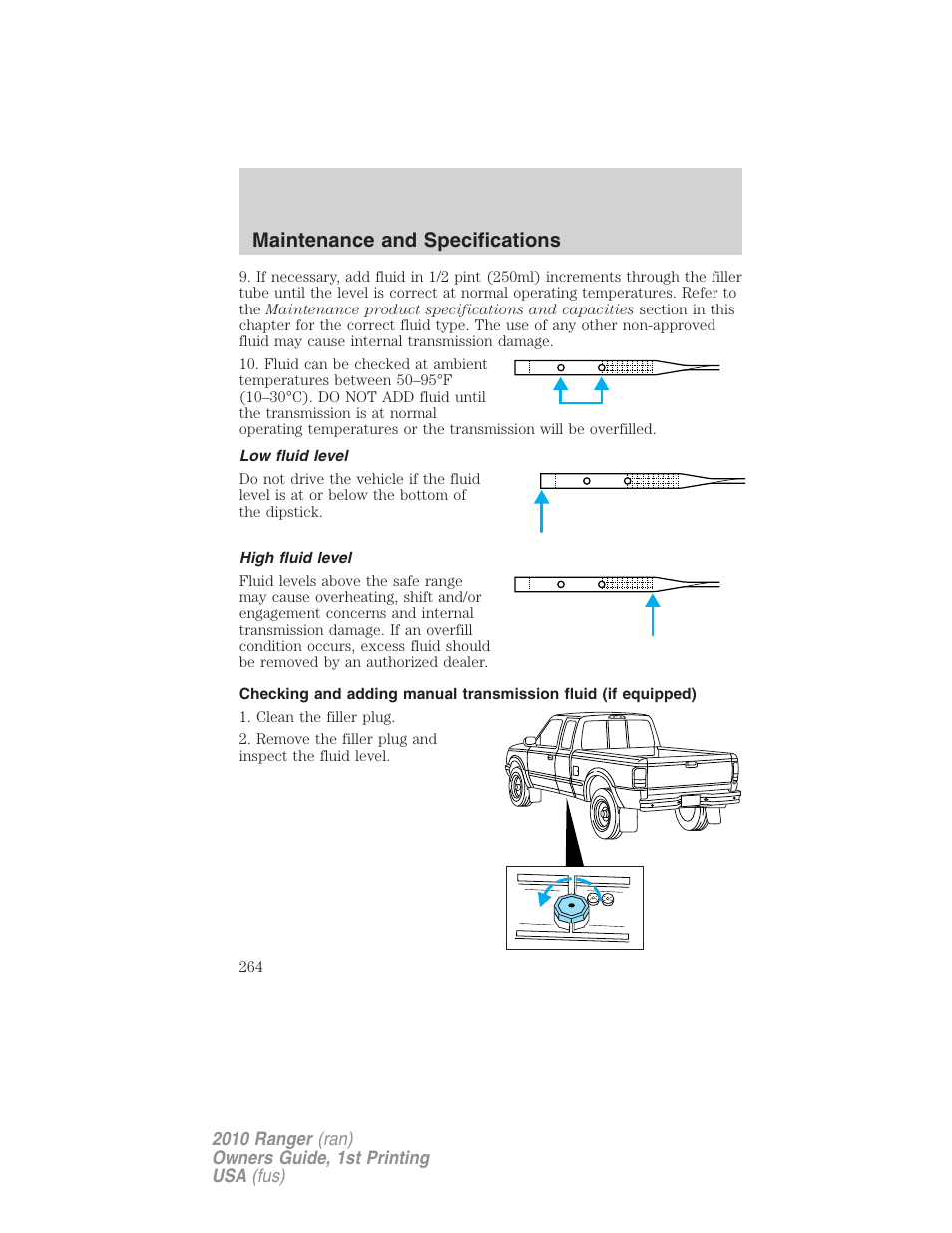 Low fluid level, High fluid level, Maintenance and specifications | FORD 2010 Ranger v.1 User Manual | Page 264 / 286