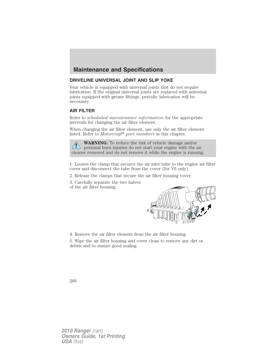 Driveline universal joint and slip yoke, Air filter, Air filter(s) | Maintenance and specifications | FORD 2010 Ranger v.1 User Manual | Page 266 / 286