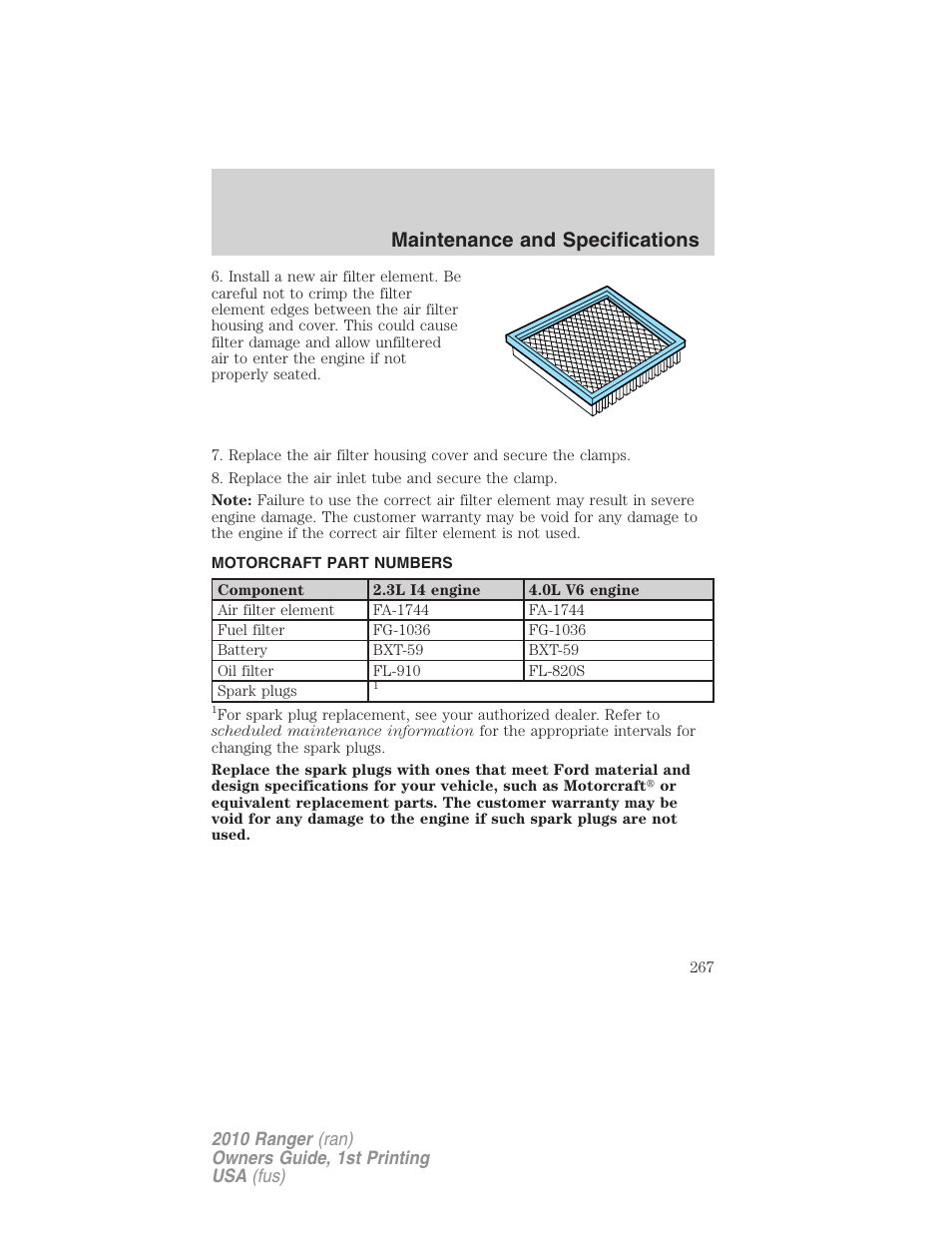 Motorcraft part numbers, Part numbers, Maintenance and specifications | FORD 2010 Ranger v.1 User Manual | Page 267 / 286