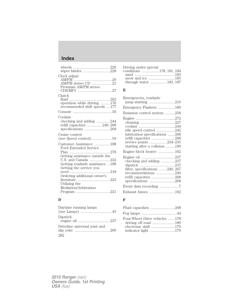 Index | FORD 2010 Ranger v.1 User Manual | Page 282 / 286