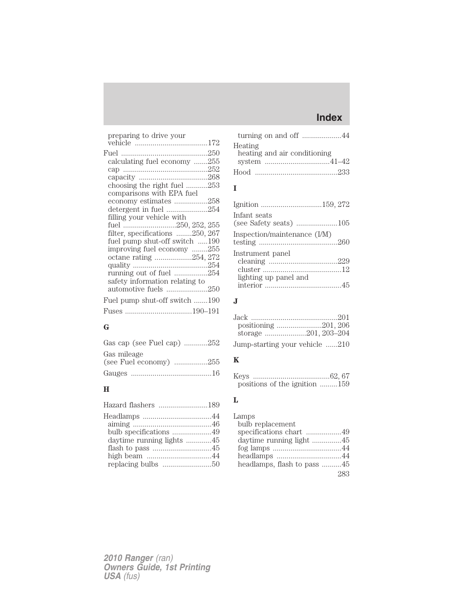 Index | FORD 2010 Ranger v.1 User Manual | Page 283 / 286