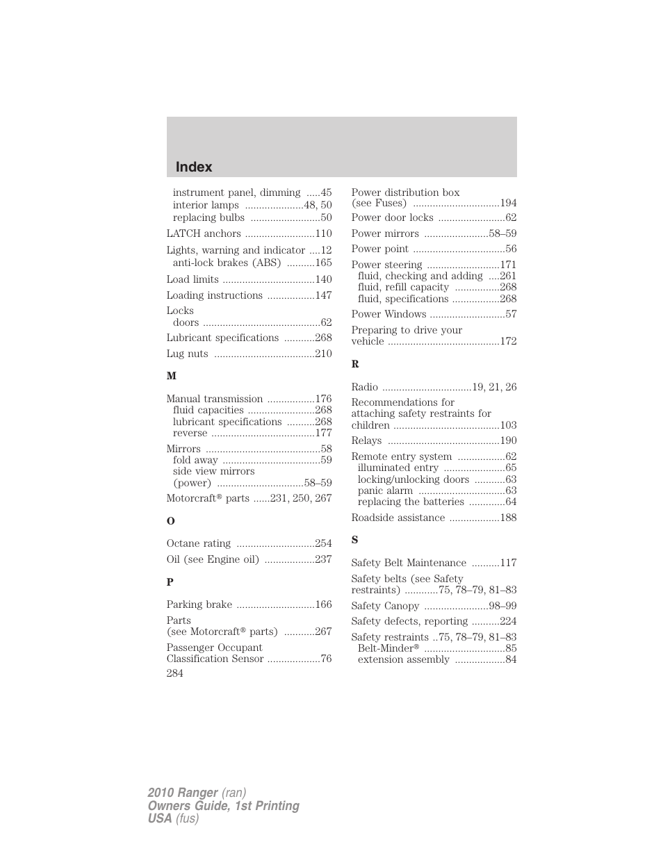 Index | FORD 2010 Ranger v.1 User Manual | Page 284 / 286