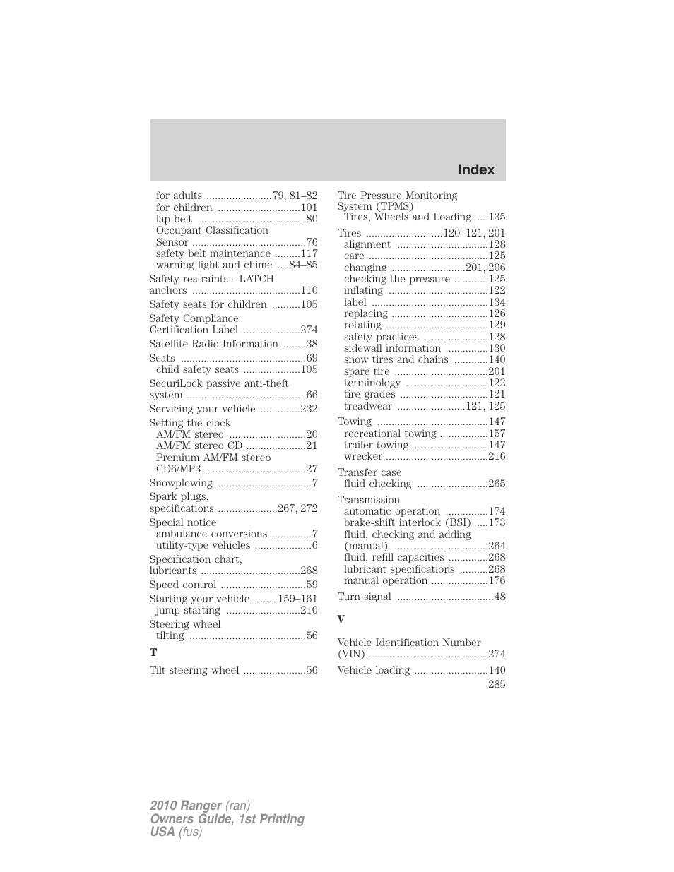 Index | FORD 2010 Ranger v.1 User Manual | Page 285 / 286