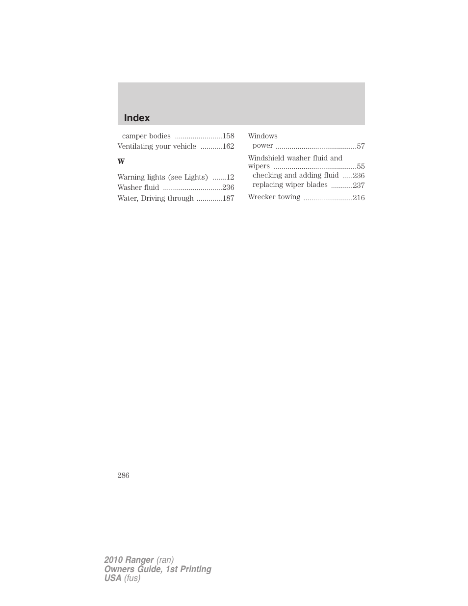 Index | FORD 2010 Ranger v.1 User Manual | Page 286 / 286