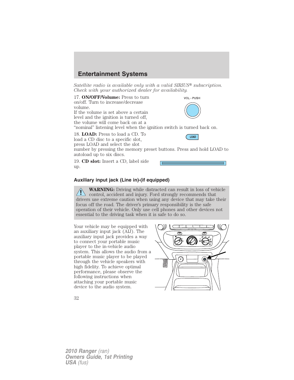 Auxiliary input jack (line in)-(if equipped), Auxiliary input jack (line in), Entertainment systems | FORD 2010 Ranger v.1 User Manual | Page 32 / 286