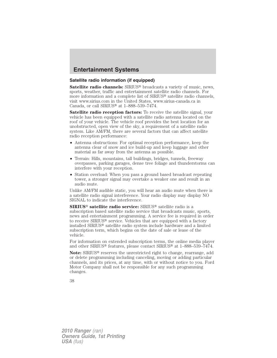 Satellite radio information (if equipped), Satellite radio information, Entertainment systems | FORD 2010 Ranger v.1 User Manual | Page 38 / 286
