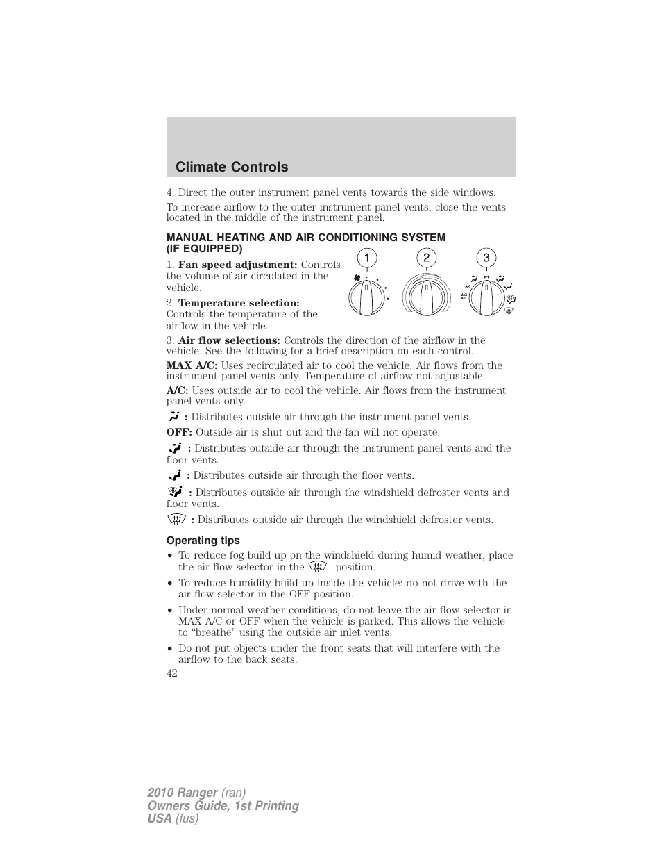 Operating tips, Manual heating and air conditioning, Climate controls | FORD 2010 Ranger v.1 User Manual | Page 42 / 286