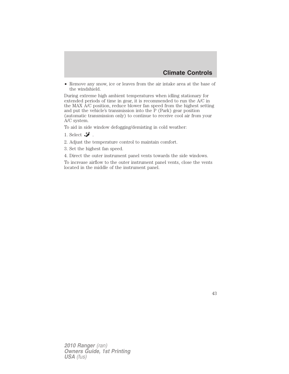 Climate controls | FORD 2010 Ranger v.1 User Manual | Page 43 / 286