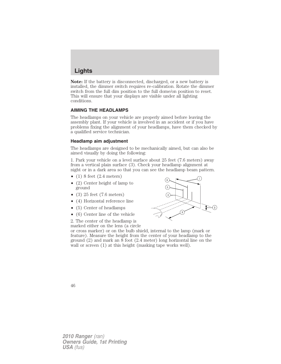 Aiming the headlamps, Headlamp aim adjustment, Lights | FORD 2010 Ranger v.1 User Manual | Page 46 / 286