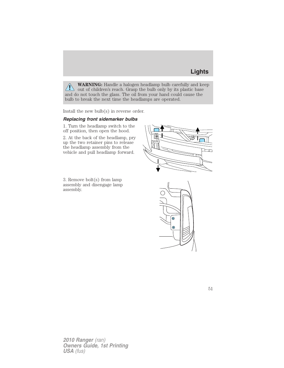 Replacing front sidemarker bulbs, Lights | FORD 2010 Ranger v.1 User Manual | Page 51 / 286