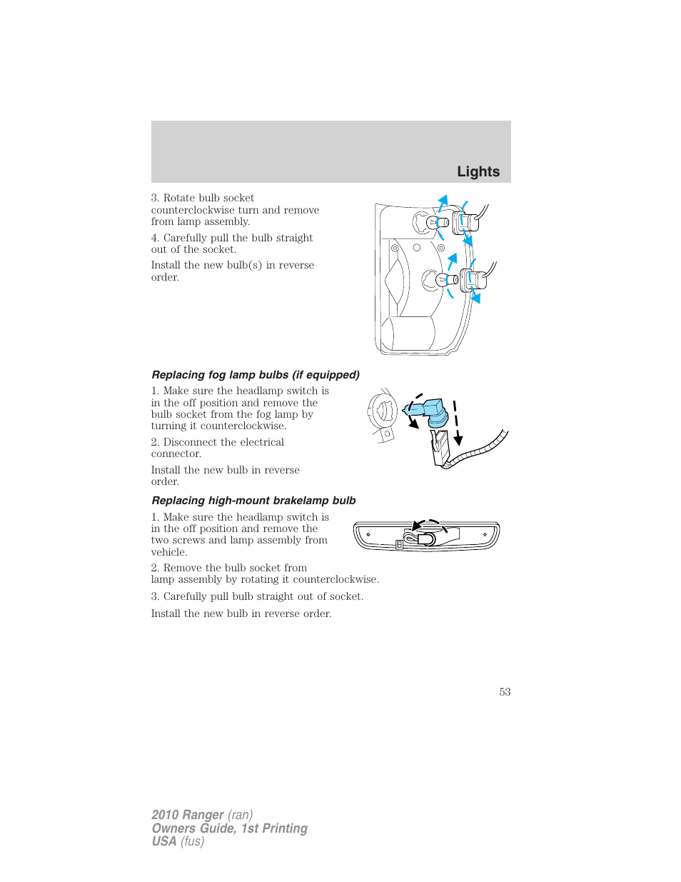 Replacing fog lamp bulbs (if equipped), Replacing high-mount brakelamp bulb, Lights | FORD 2010 Ranger v.1 User Manual | Page 53 / 286