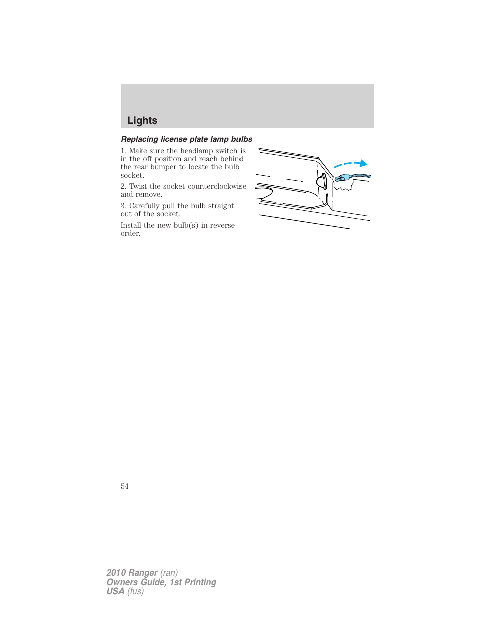 Replacing license plate lamp bulbs, Lights | FORD 2010 Ranger v.1 User Manual | Page 54 / 286