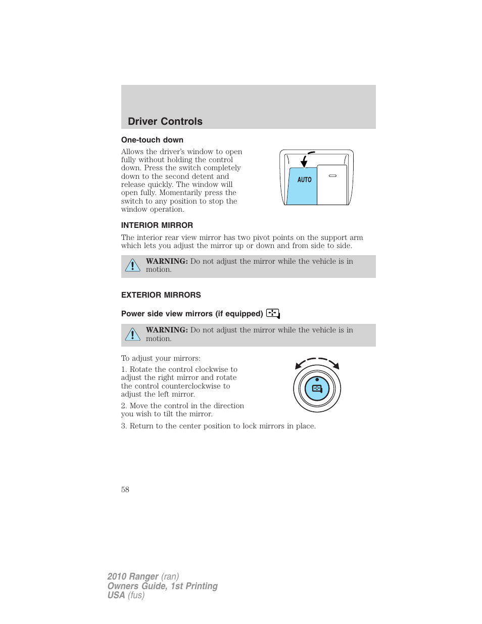 One-touch down, Interior mirror, Exterior mirrors | Power side view mirrors (if equipped), Mirrors, Driver controls | FORD 2010 Ranger v.1 User Manual | Page 58 / 286