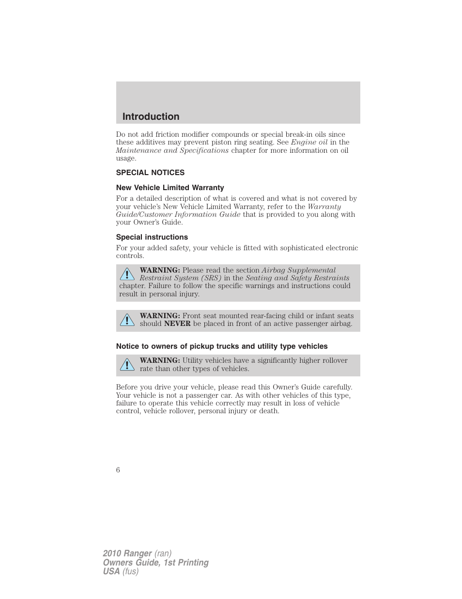 Special notices, New vehicle limited warranty, Special instructions | Introduction | FORD 2010 Ranger v.1 User Manual | Page 6 / 286