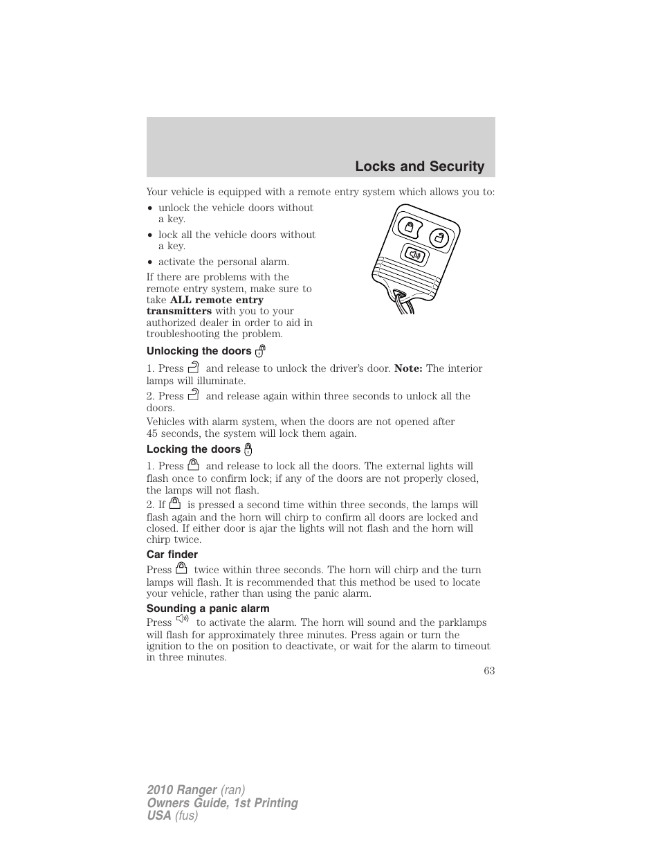 Unlocking the doors, Locking the doors, Car finder | Sounding a panic alarm, Locks and security | FORD 2010 Ranger v.1 User Manual | Page 63 / 286