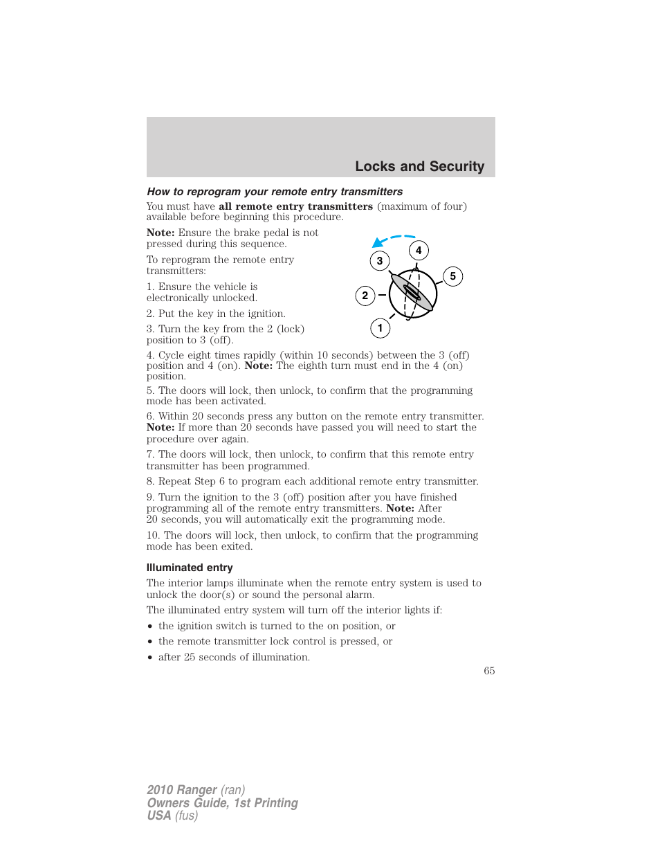 How to reprogram your remote entry transmitters, Illuminated entry, Locks and security | FORD 2010 Ranger v.1 User Manual | Page 65 / 286