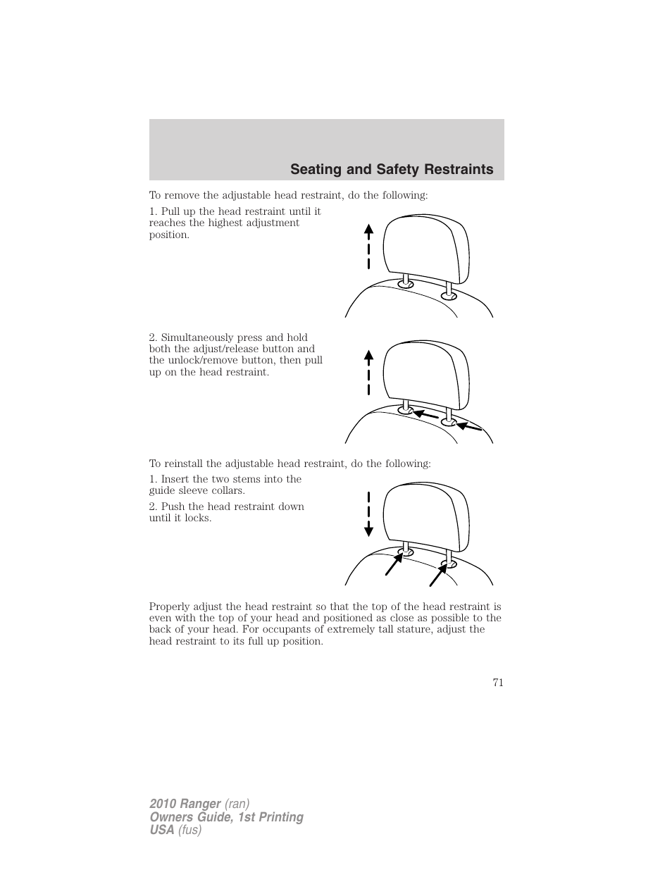 Seating and safety restraints | FORD 2010 Ranger v.1 User Manual | Page 71 / 286