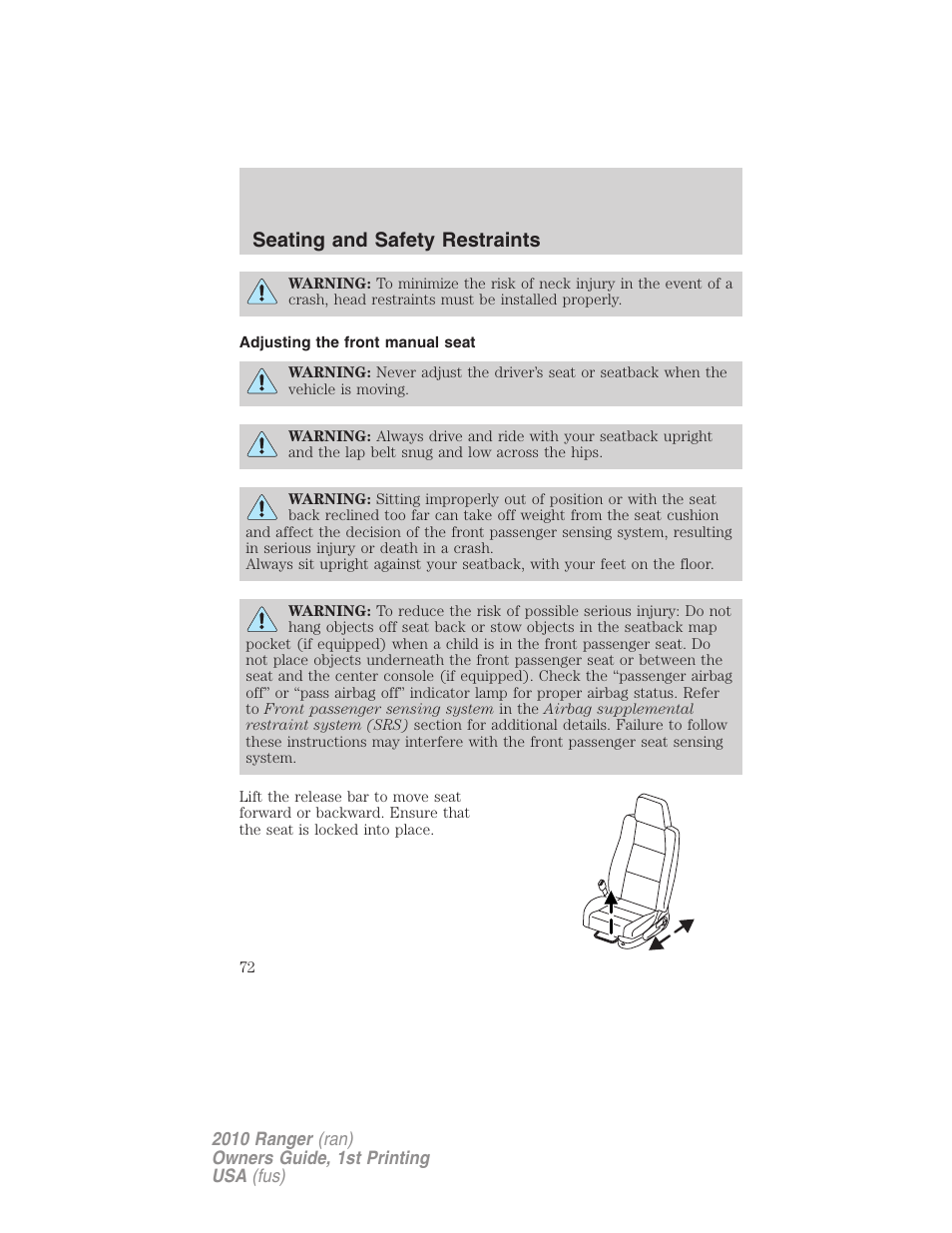 Adjusting the front manual seat, Seating and safety restraints | FORD 2010 Ranger v.1 User Manual | Page 72 / 286