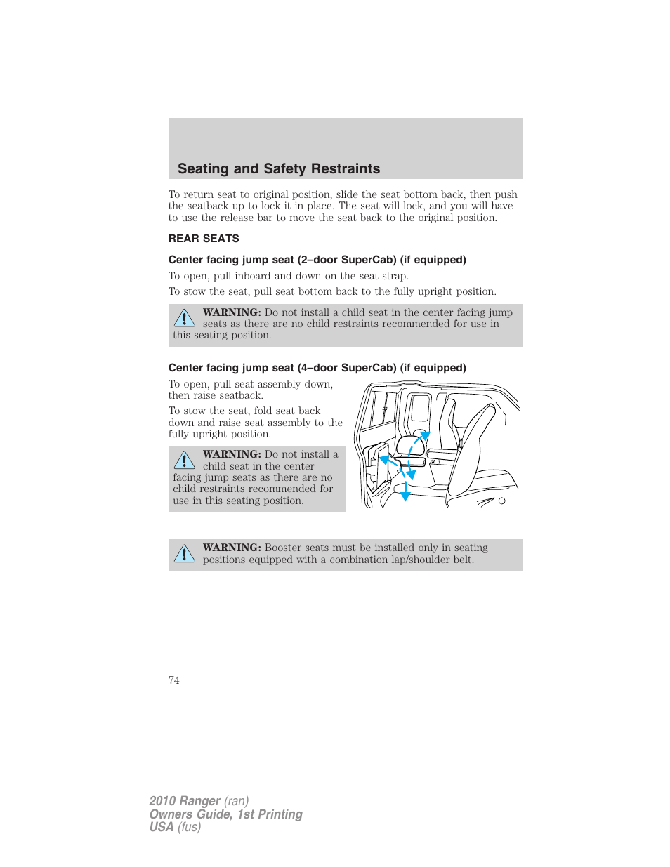 Rear seats, Seating and safety restraints | FORD 2010 Ranger v.1 User Manual | Page 74 / 286